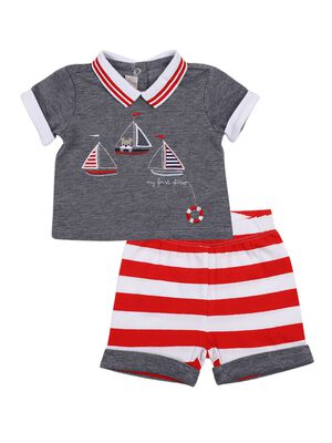 Boys White & Red Printed Polo with Short Pants